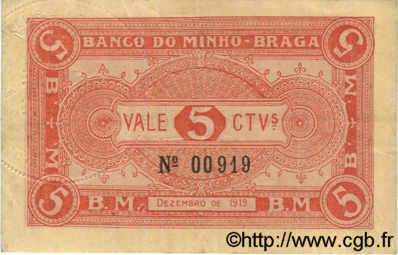 5 Centavos PORTUGAL Braga 1919  VF+