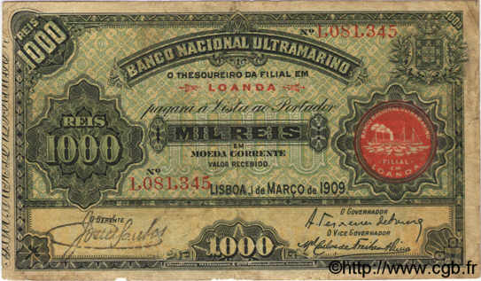 1000 Reis ANGOLA Loanda 1909 P.027 S