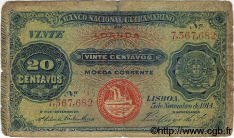20 Centavos ANGOLA Loanda 1914 P.043b B