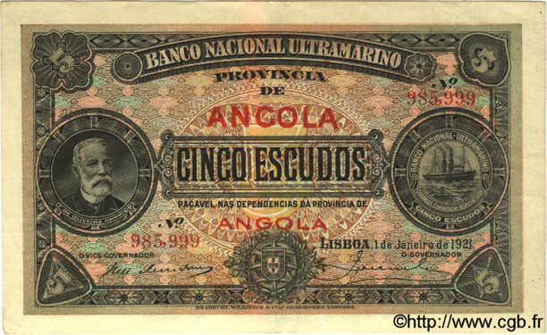 5 Escudos ANGOLA  1921 P.057 SUP