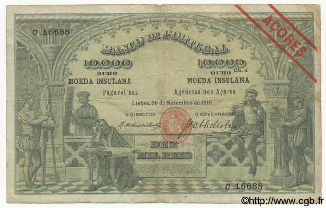 10000 Reis Ouro AÇORES  1910 P.12 TB