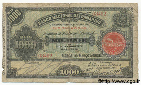1000 Reis CAP VERT  1909 P.04a B