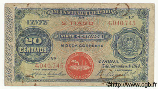 20 Centavos CAP VERT  1914 P.14 B à TB