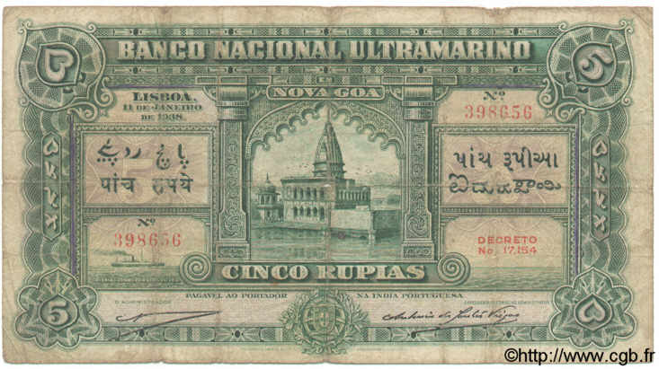 5 Rupias INDE PORTUGAISE  1938 P.031 pr.TB