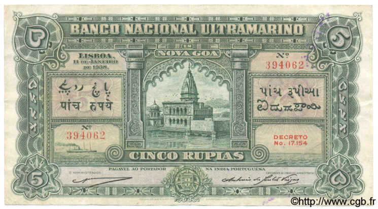 5 Rupias  INDE PORTUGAISE  1938 P.031 TTB