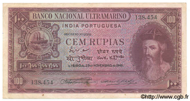 100 Rupias INDE PORTUGAISE  1945 P.039 TTB