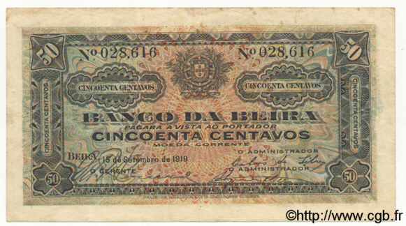 50 Centavos MOZAMBIQUE Beira 1919 P.R03a TTB