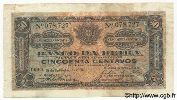 50 Centavos MOZAMBIQUE Beira 1919 P.R03b TB