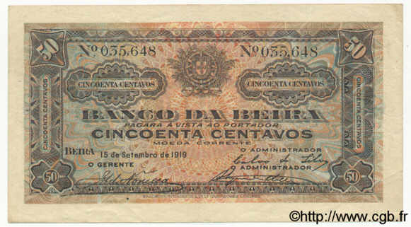 50 Centavos MOZAMBIQUE Beira 1919 P.R03b TTB