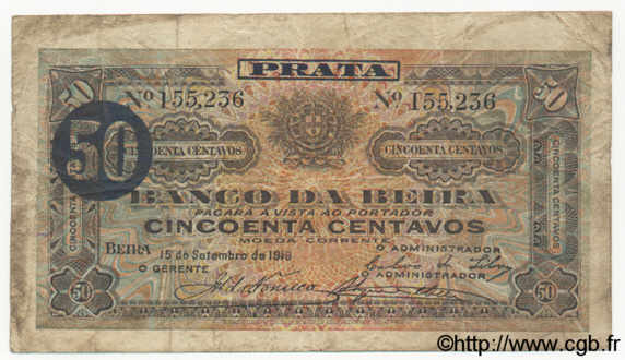50 Centavos MOZAMBIQUE Beira 1919 P.R04a B+
