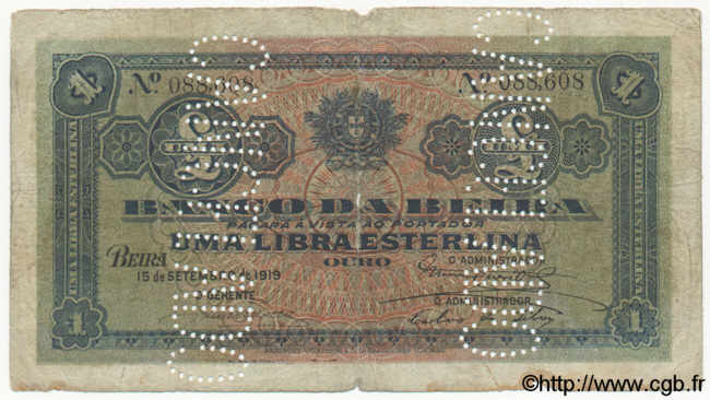 1 Libra MOZAMBIQUE Beira 1919 P.R06c B+