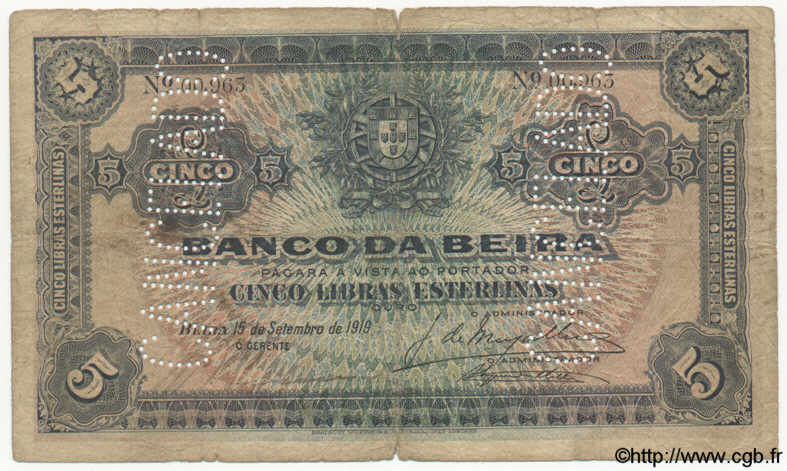5 Libras MOZAMBIQUE Beira 1919 P.R08a B+