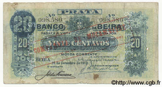 20 Centavos MOZAMBIQUE Beira 1919 P.R15 B+