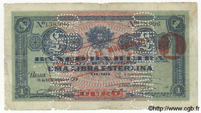 1 Libra MOZAMBIQUE Beira 1919 P.R20 B+