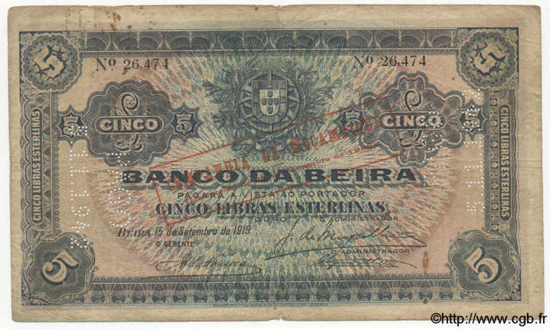 5 Libras MOZAMBIQUE Beira 1919 P.R21 RC+
