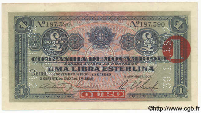 1 Libra MOZAMBIQUE Beira 1930 P.R24 TTB