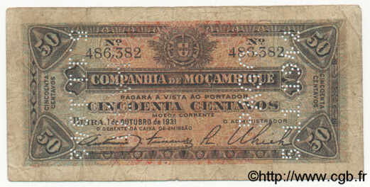 50 Centavos MOZAMBIQUE Beira 1931 P.R26 B+