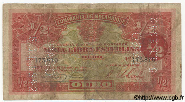 1/2 Libra MOZAMBIQUE Beira 1931 P.R27 B+