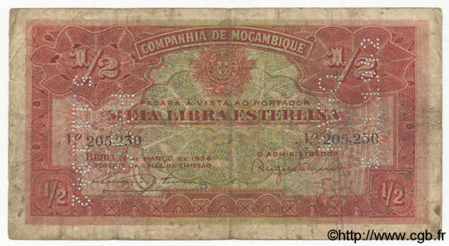 1/2 Libra MOZAMBIQUE Beira 1934 P.R30 B+
