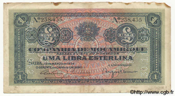 1 Libra MOZAMBIQUE Beira 1934 P.R31 TB+