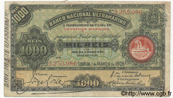1000 Reis MOZAMBIQUE  1909 P.033 TB+