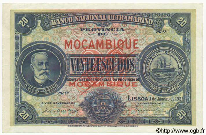 20 Escudos Spécimen MOZAMBIQUE  1921 P.070bs AU