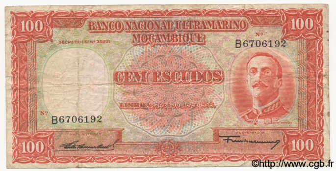 100 Escudos MOZAMBIQUE  1958 P.107 pr.TB