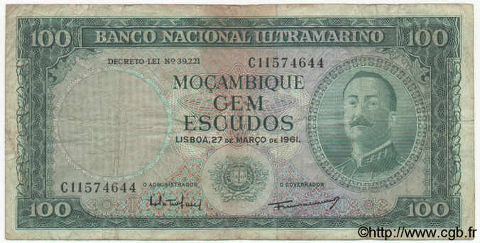 100 Escudos  MOZAMBIQUE  1961 P.109a B