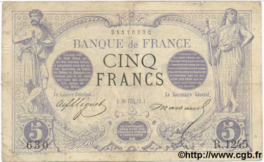 5 Francs NOIR FRANCE  1872 F.01.11 pr.TB