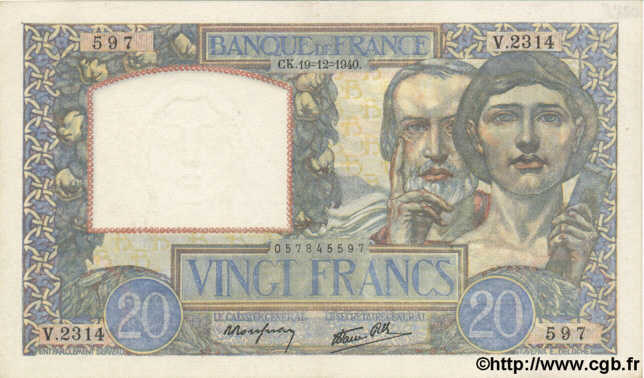 20 Francs TRAVAIL ET SCIENCE FRANCE  1940 F.12.11 pr.SPL