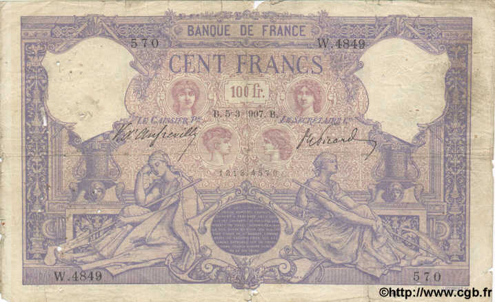 100 Francs BLEU ET ROSE FRANCE  1907 F.21.21 pr.B