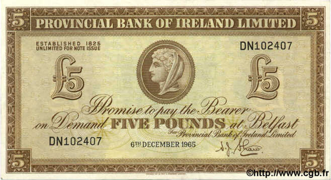 5 Pounds  IRLANDE DU NORD  1965 P.244 pr.SUP