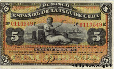 5 Pesos CUBA  1896 P.048a TTB+