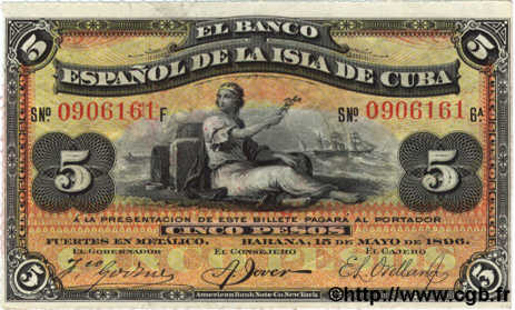 5 Pesos  CUBA  1896 P.048b TTB+