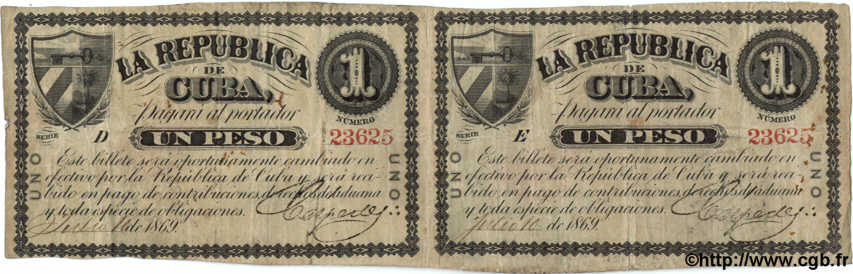 1 Peso CUBA  1869 P.055c TB+