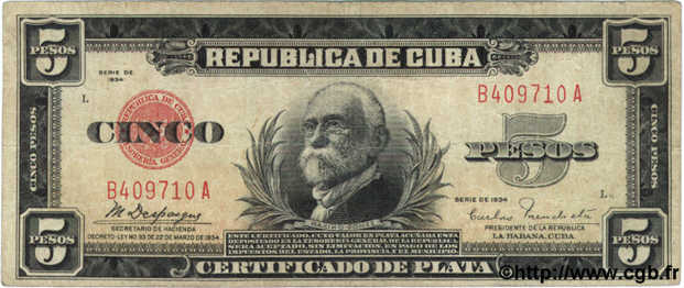 5 Pesos CUBA  1934 P.070a F+