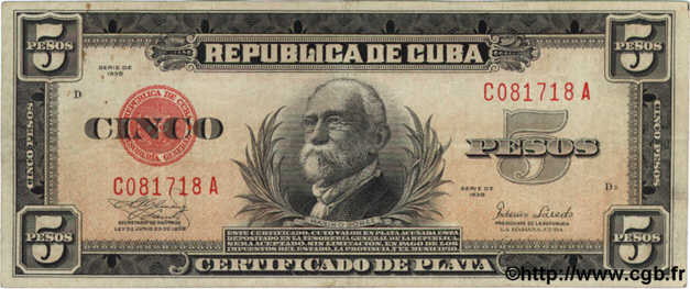 5 Pesos CUBA  1938 P.070d TTB