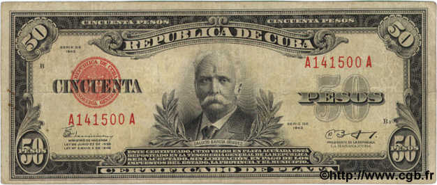 50 Pesos CUBA  1943 P.073e q.BB