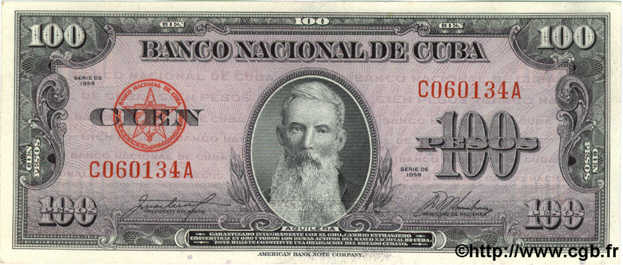 100 Pesos CUBA  1958 P.082c AU