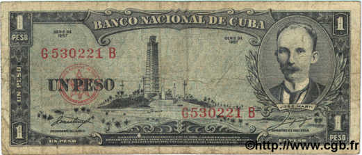 1 Peso CUBA  1957 P.087b B+