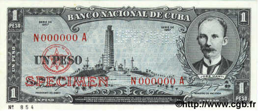1 Peso Spécimen CUBA  1957 P.087s2 UNC