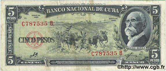 5 Pesos CUBA  1960 P.091c TB