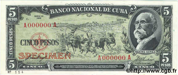 5 Pesos Spécimen CUBA  1958 P.091s1 UNC