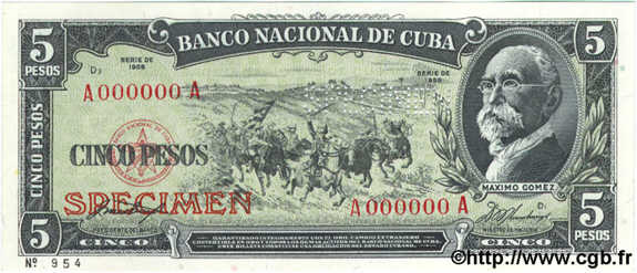 5 Pesos Spécimen CUBA  1958 P.091s1 FDC