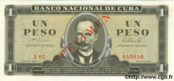 1 Peso Spécimen CUBA  1964 P.094bs pr.NEUF