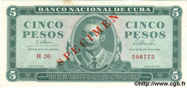 5 Pesos Spécimen CUBA  1965 P.095cs SPL
