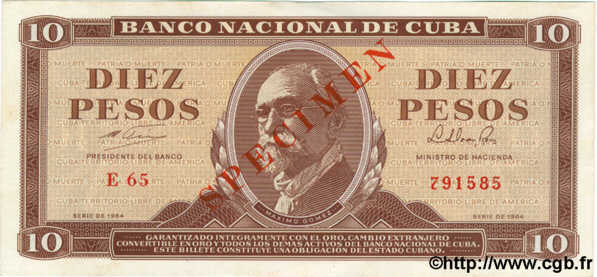 10 Pesos Spécimen CUBA  1964 P.096bs pr.NEUF