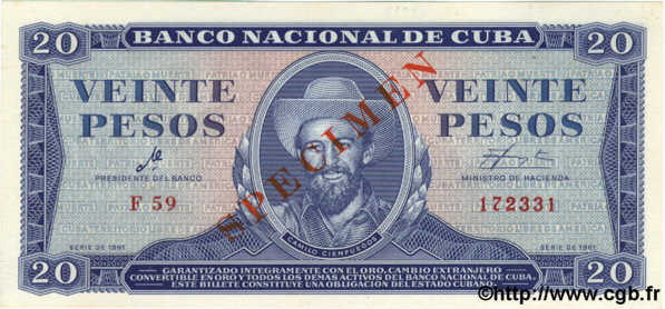 20 Pesos Spécimen CUBA  1961 P.097as pr.NEUF