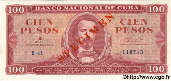100 Pesos Spécimen CUBA  1961 P.099s pr.NEUF