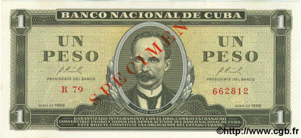 1 Peso Spécimen CUBA  1966 P.100s NEUF
